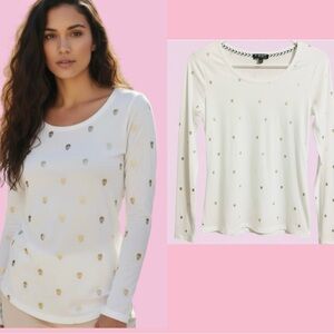 Women's White Long-Sleeve Scoop Neck Top with Gold skeletons Accents